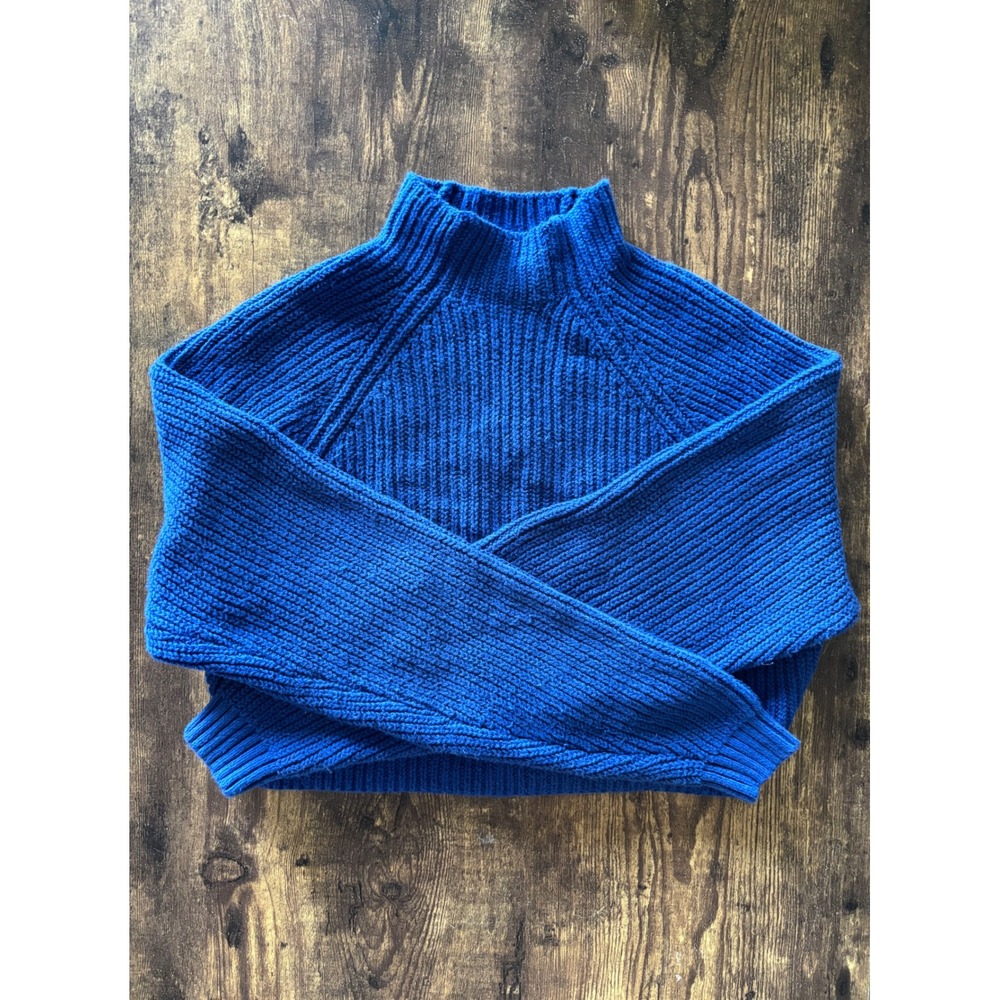 Hollister Royal Blue Ribbed Mock Neck Cropped Sweater XS Raglan Sleeve Pullover